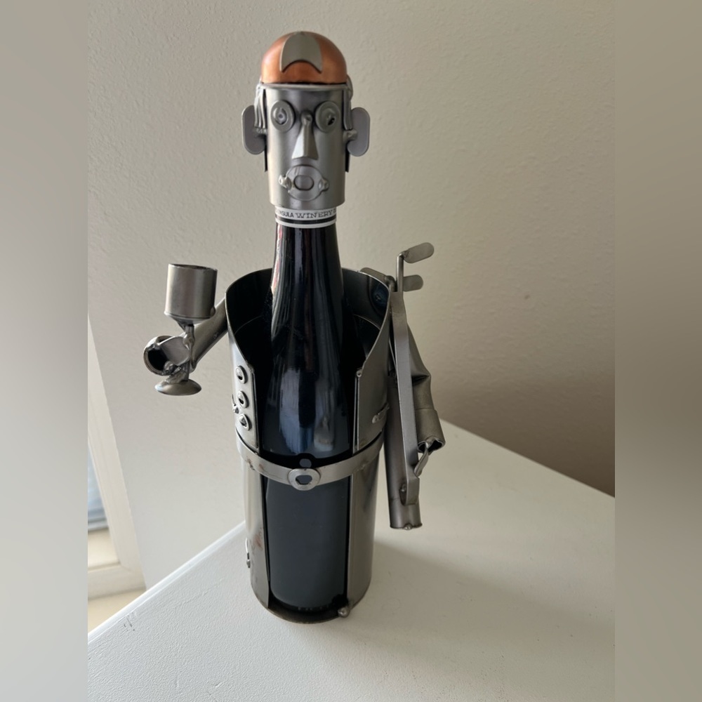 H & K Steel Sculpture Golfer Drinking~ Liquor Bottle Caddy.